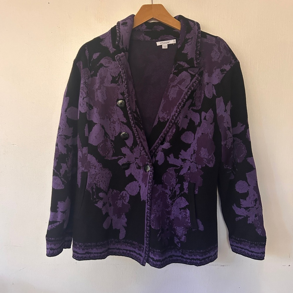 Chicos Cardigan Womens Large Purple Floral Knit Blazer Jacket Dark Academia